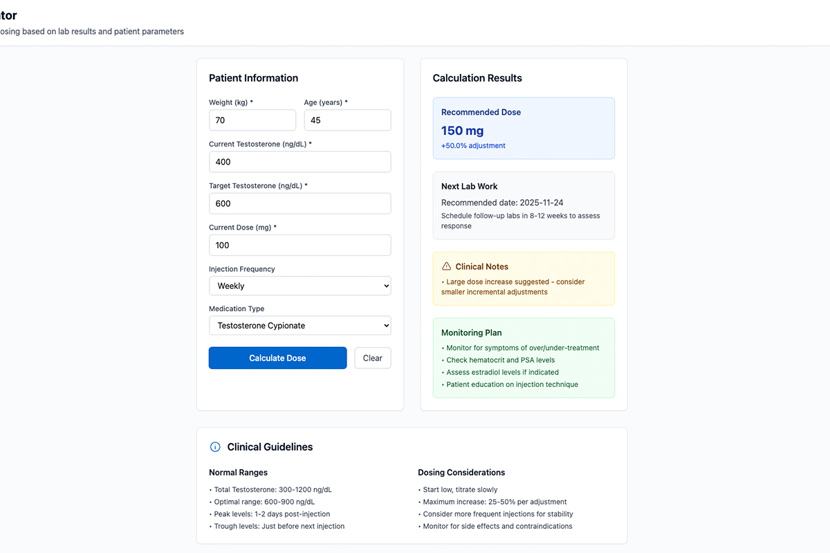 Interactive Dose Optimization Calculator for testosterone protocols
